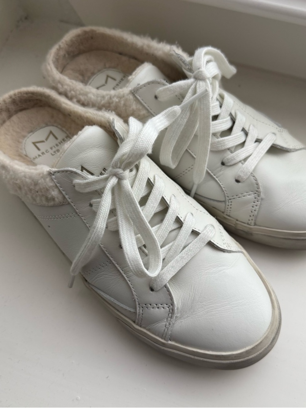 Marc Fisher Miranda Slip on White Leather Sneakers with Shearling